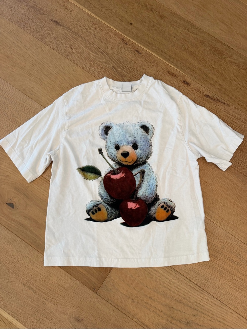 Bershka White Kids Tee with Teddy & Red Cherries